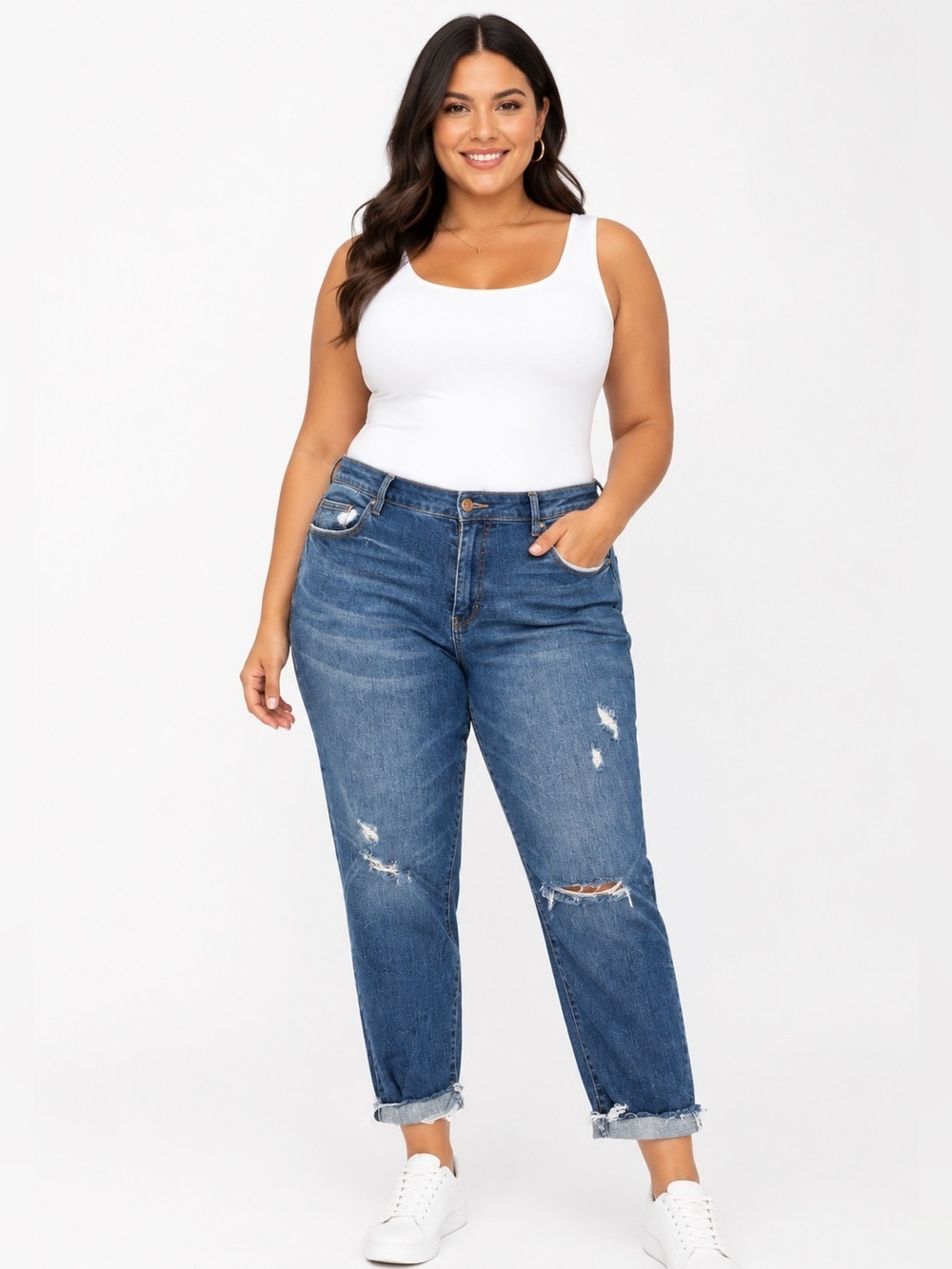 Almost Famous Size 22 Distressed Boyfriend Jeans Medium Wash Cuffed Denim